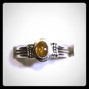 Bali golden Amber cabochon Silver Ring
